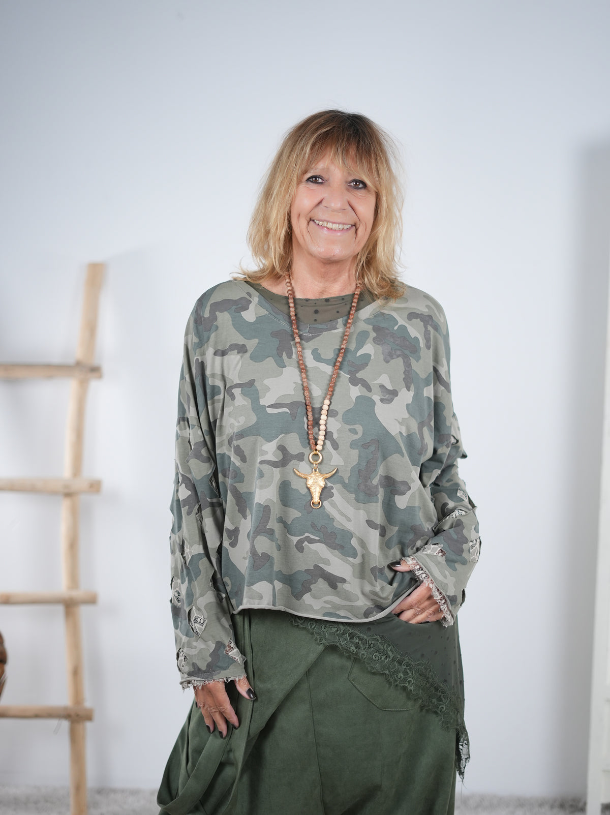 leichtes langarm Shirt mit auffälligen Ärmeln, Camouflage