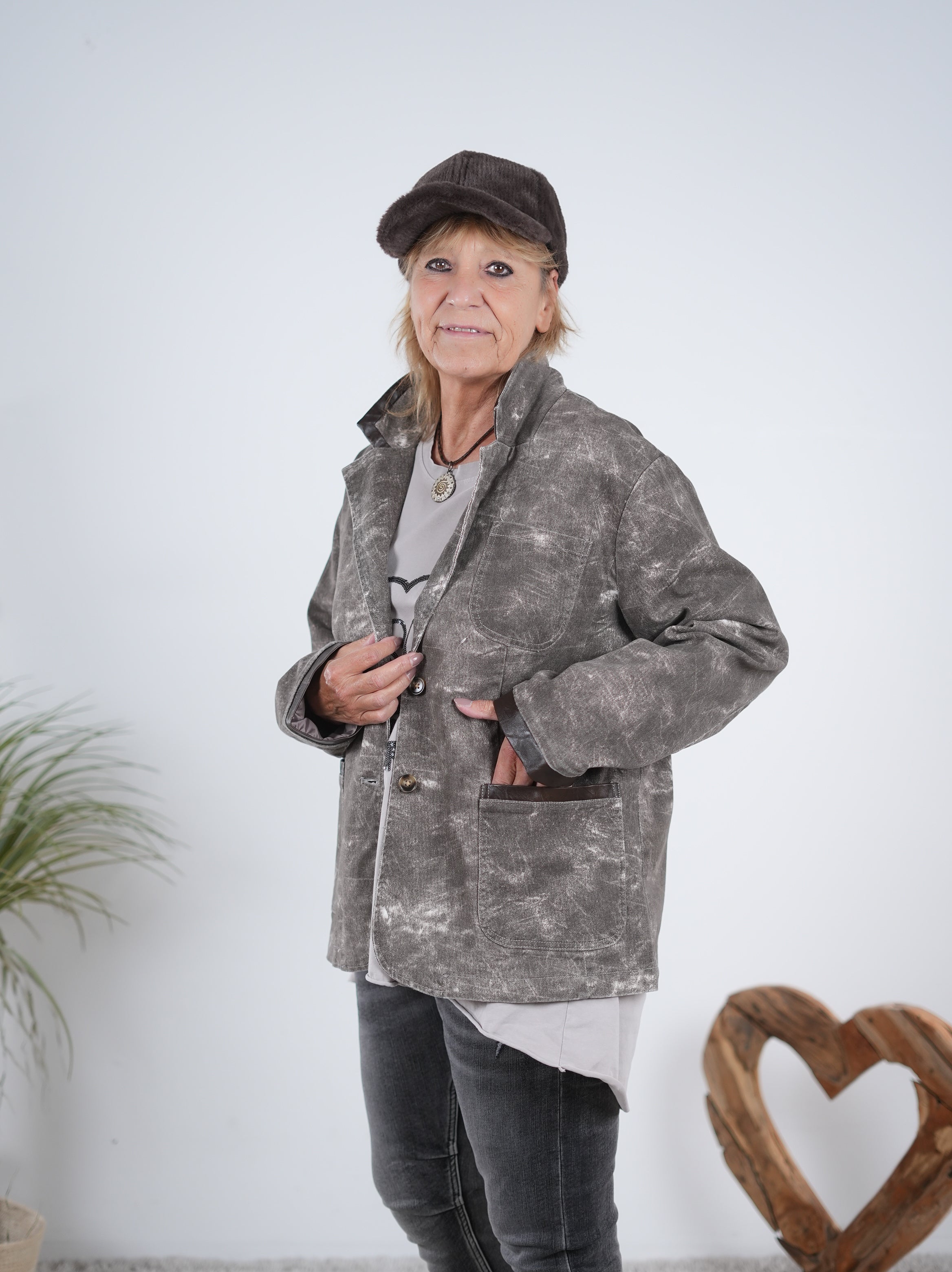 lässiger Jeans Blazer mit Ziernähten aus Kunstleder