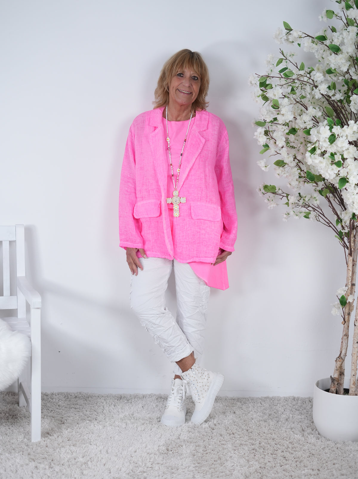 lässiger Leinen Blazer, unifarben Einheitsgröße (ca Gr. 40 "oversize"-44) Neon Pink