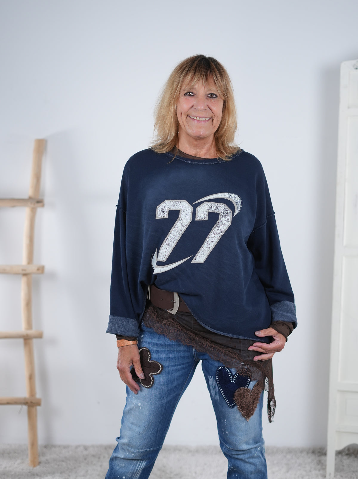 Leichtes Sweatshirt mit überschnittenem Arm und Print Blau
