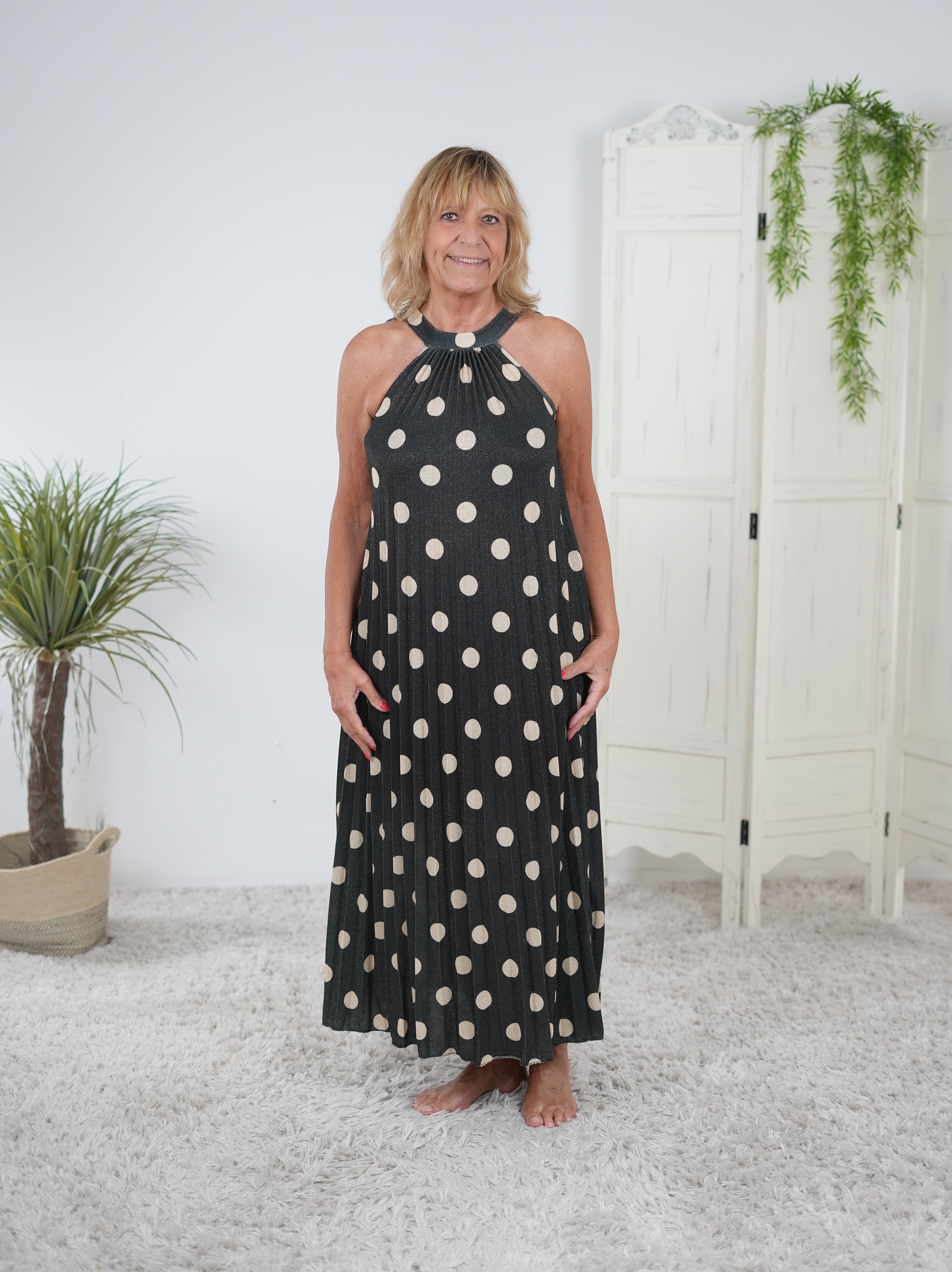 Plissee Kleid im Dot Design Schwarz