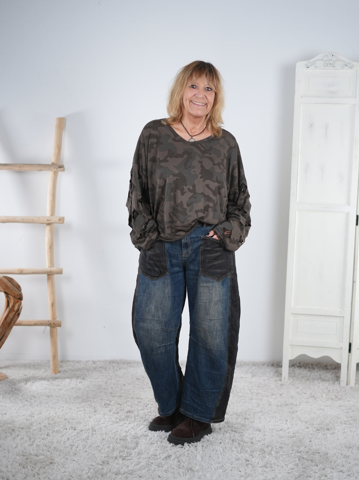 leichtes langarm Shirt mit auffälligen Ärmeln, Camouflage