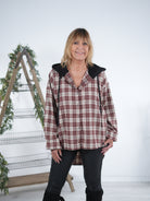 Karierte Hemd Bluse mit Kapuze im Vokuhila Schnitt Bordeaux