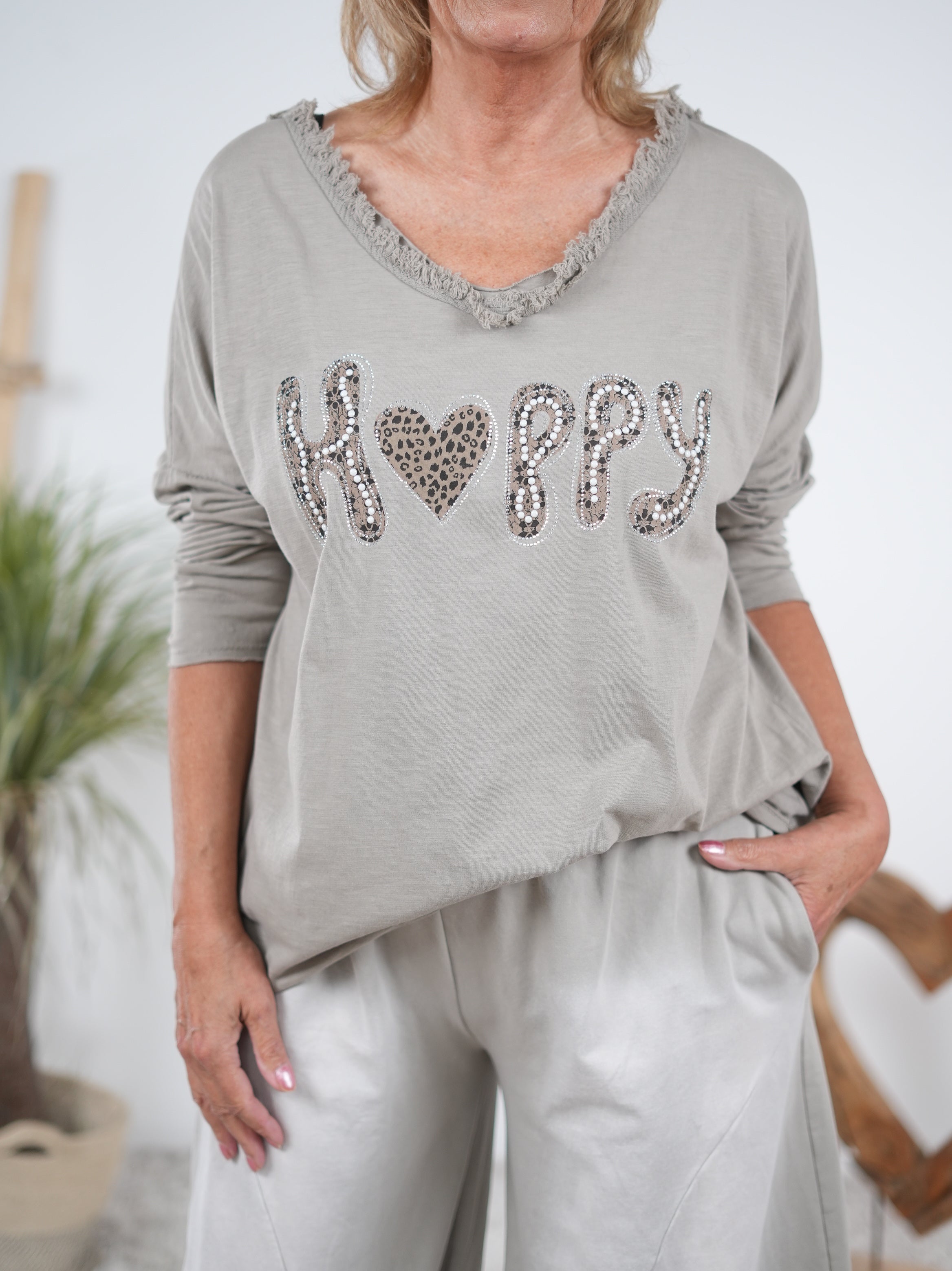 langarm Shirt mit "Happy" Schriftzug