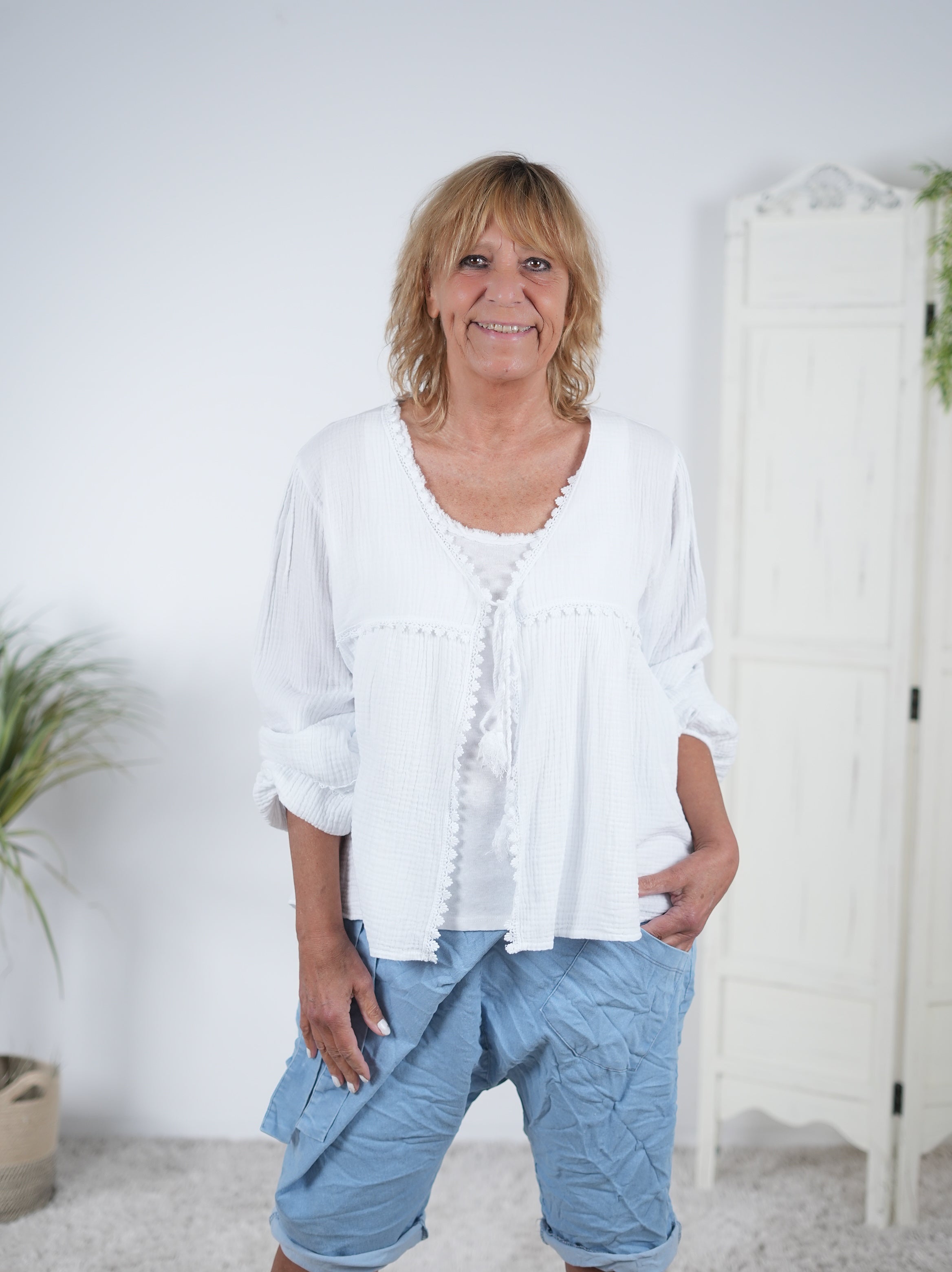 Leichte Musselin Bluse im Boho Style Weiß