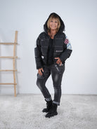 Oversize Steppjacke mit Jeans Elementen Schwarz