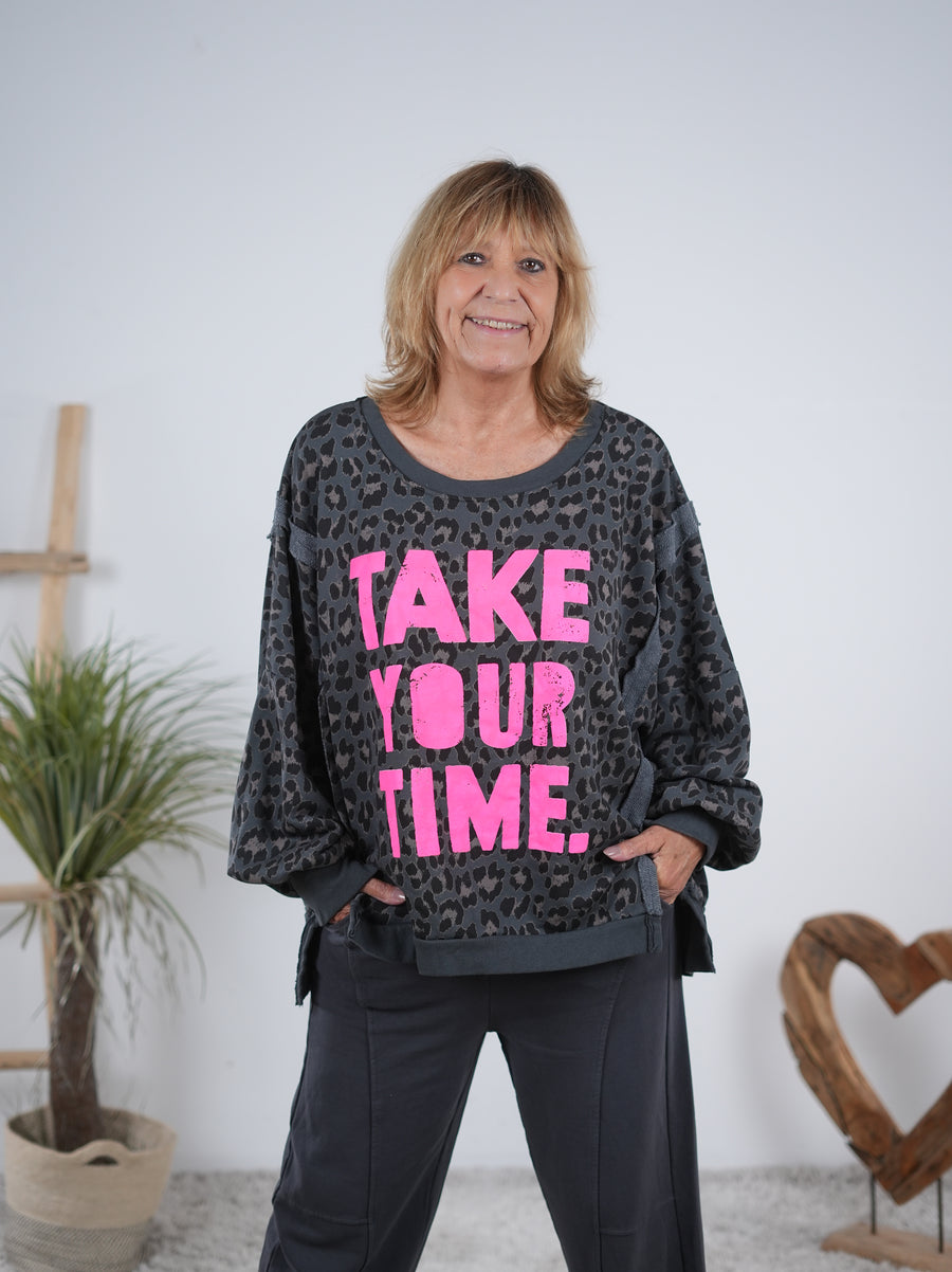 oversize Sweaty mit Neon Schriftzug im Leo Look Anthra