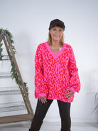 oversized Strickpulli im Leo Look mit V-Ausschnitt Neon Pink