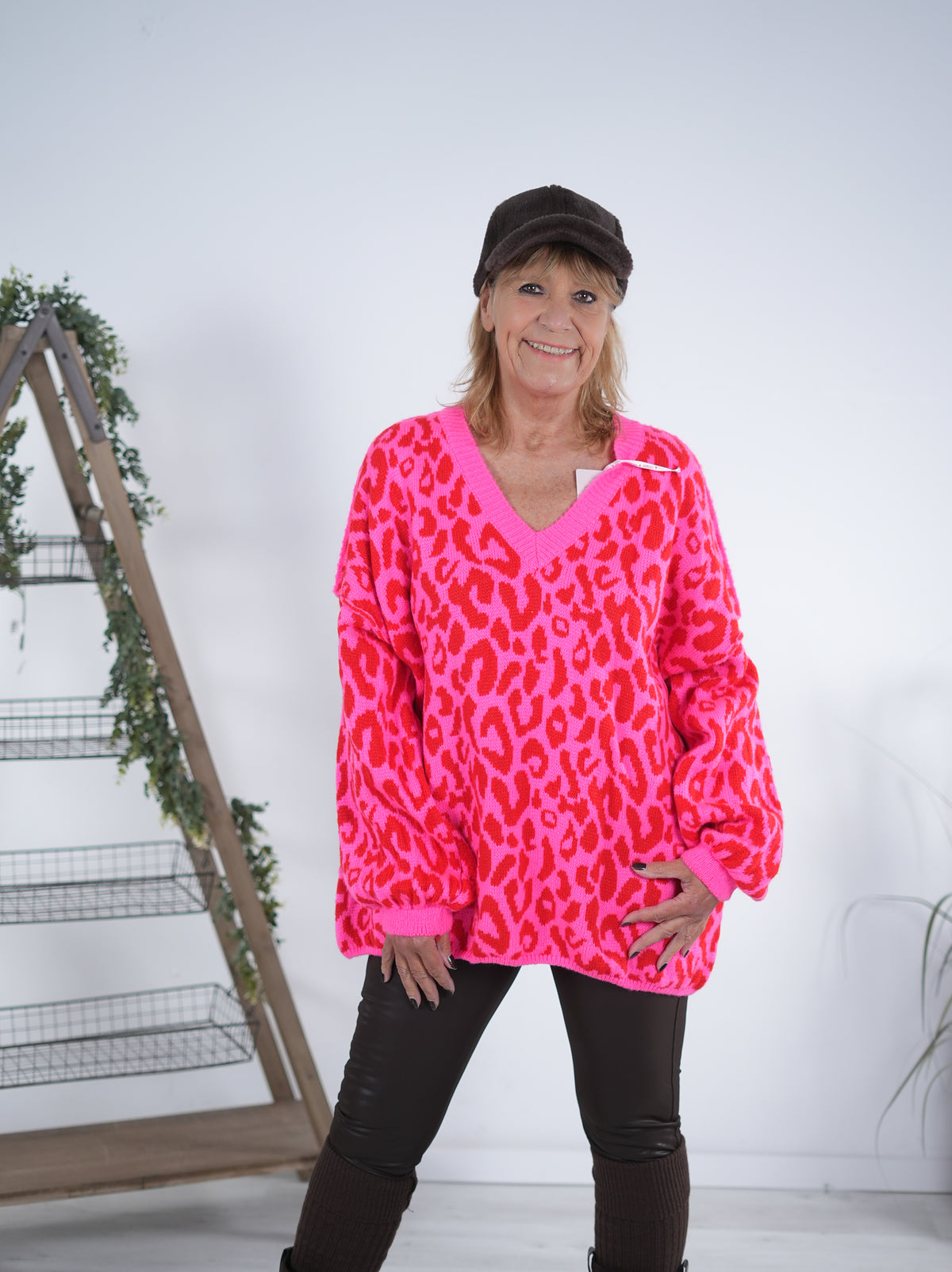 oversized Strickpulli im Leo Look mit V-Ausschnitt Neon Pink