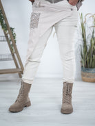 Velours Jogpant mit Kunstleder Einsatz Beige