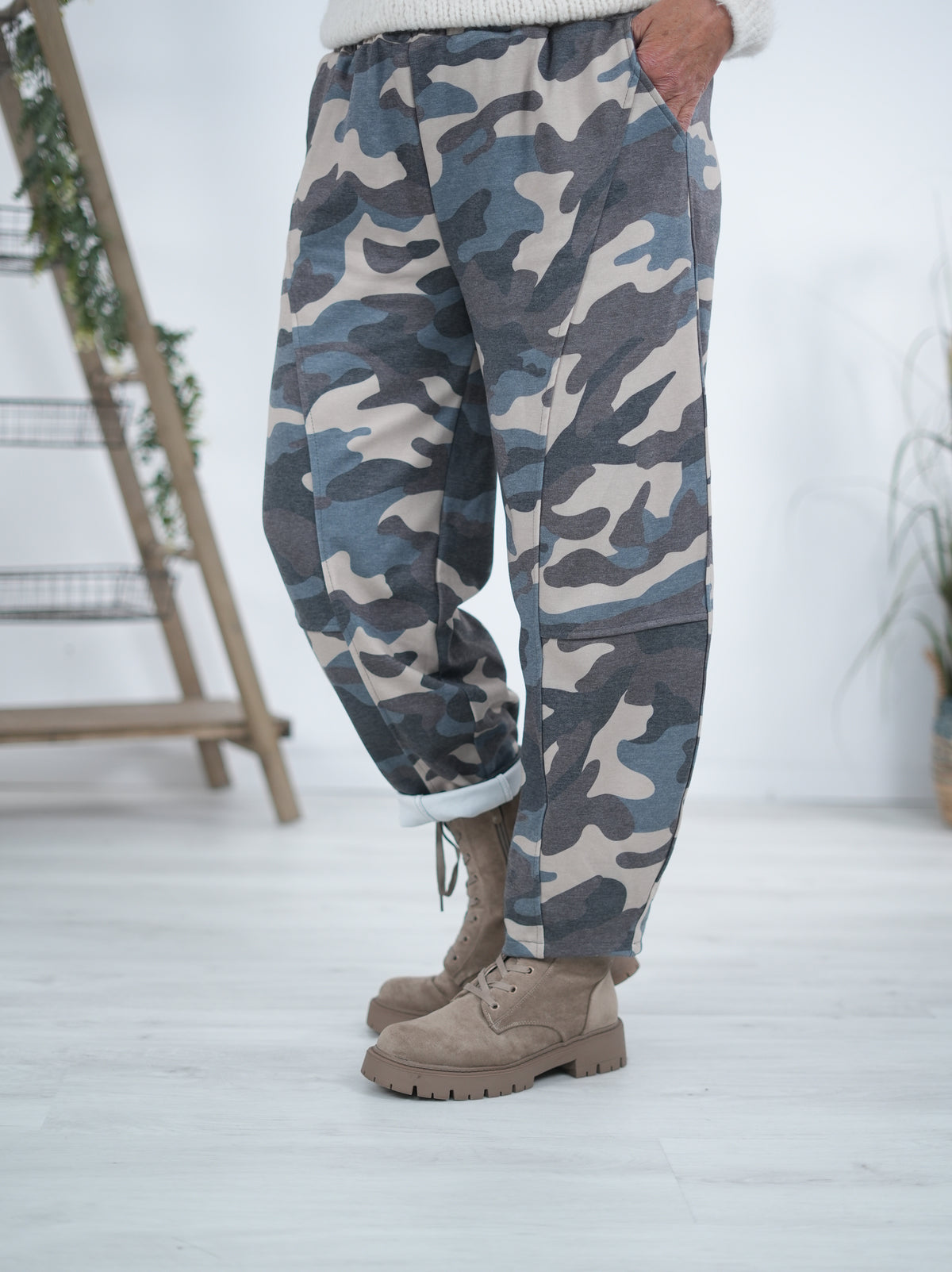 Weiche Wide Leg Camouflage Pants Blau Grau