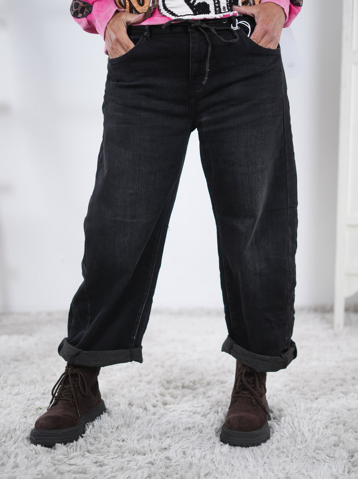 Wide Leg Jeans mit Kordelzug im Bündchen Schwarz